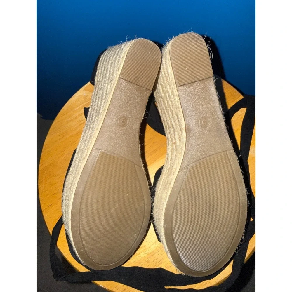 Black Faux Suede Espadrille Wedge Sandals Lace Up Ankle Tie Size 9
